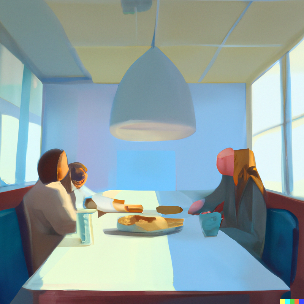 painting of people sitting at the table during mediation